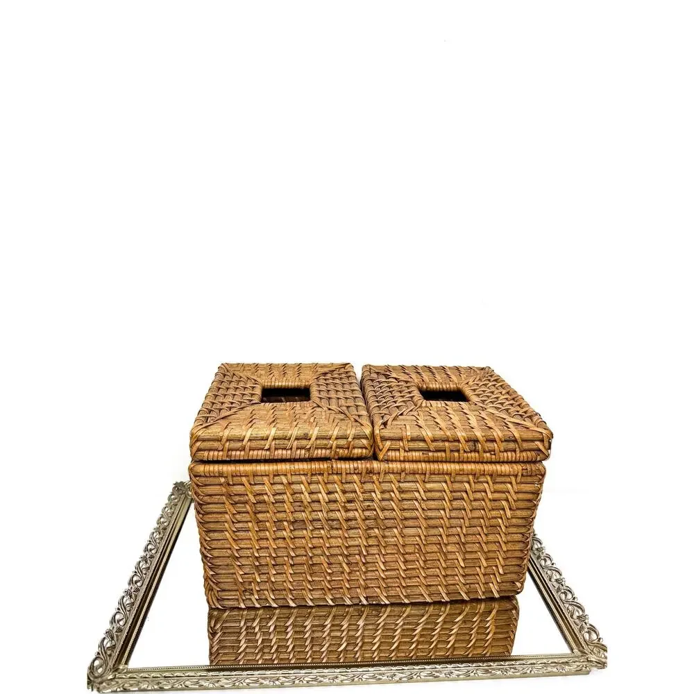 Vintage Boho Rectangular Wicker Storage Basket With Double Bins And Lids, Vintag